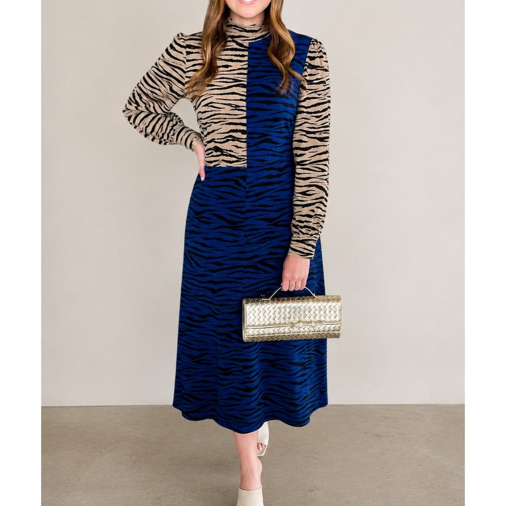 A.L.C Silk Midi Dress Animal Zebra Print Sz M Color Block Mock Neck Long Sleeve